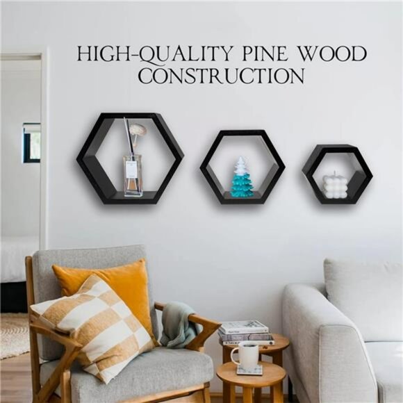Set of 3 hexagon wall shelves wood floating honeycomb shelf rustic wall decor - Picture 6 of 8